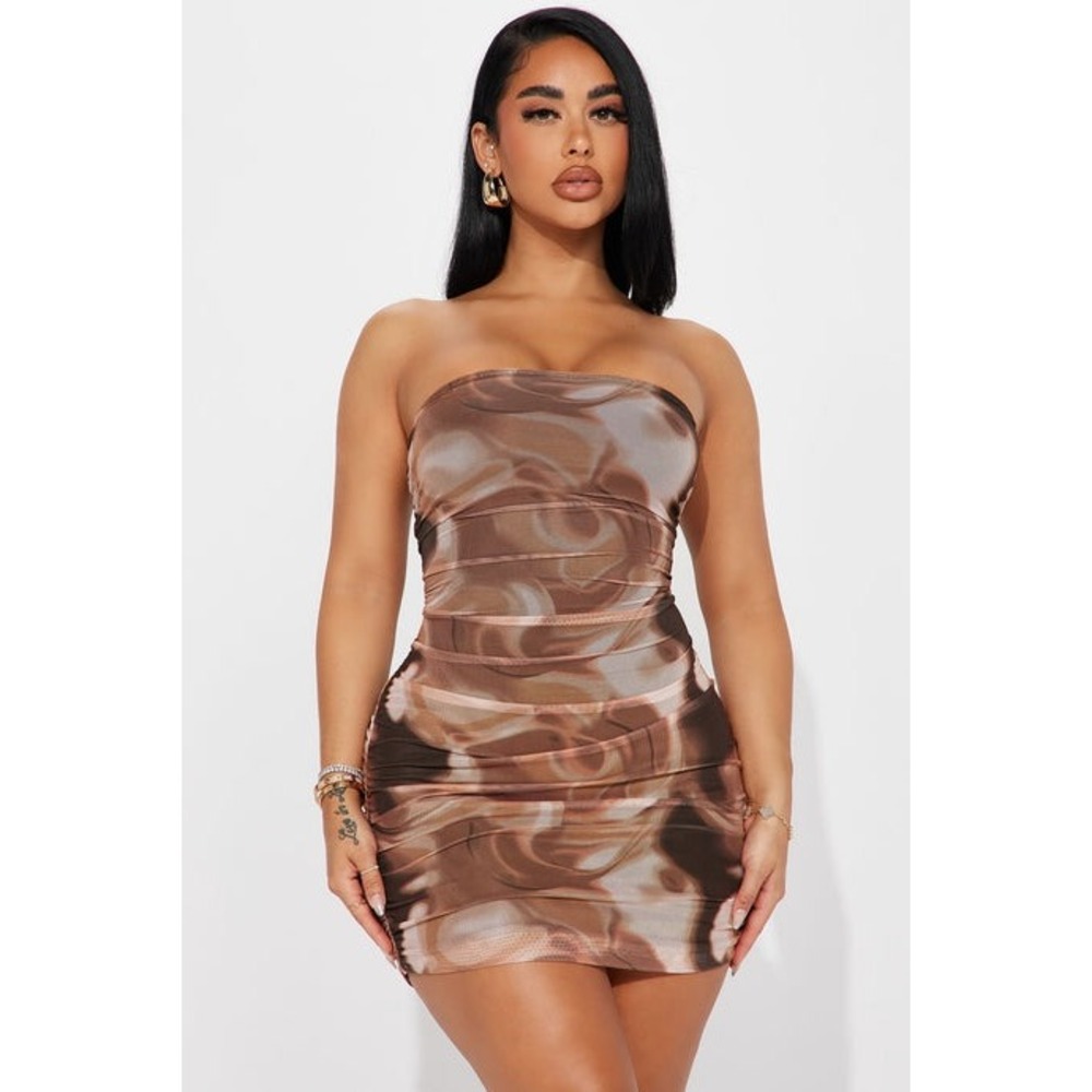 Fashion Nova Kacy Mesh Mini Dress Brown Marble Swirl Ruched Strapless Tube M NEW